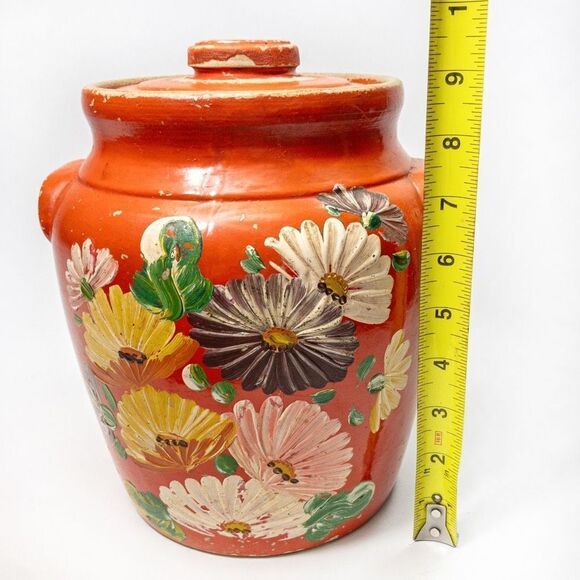 Antique Ransburg Red Asters Hand Painted Stoneware Lidded Cookie Jar/Crock - Picture 10 of 11